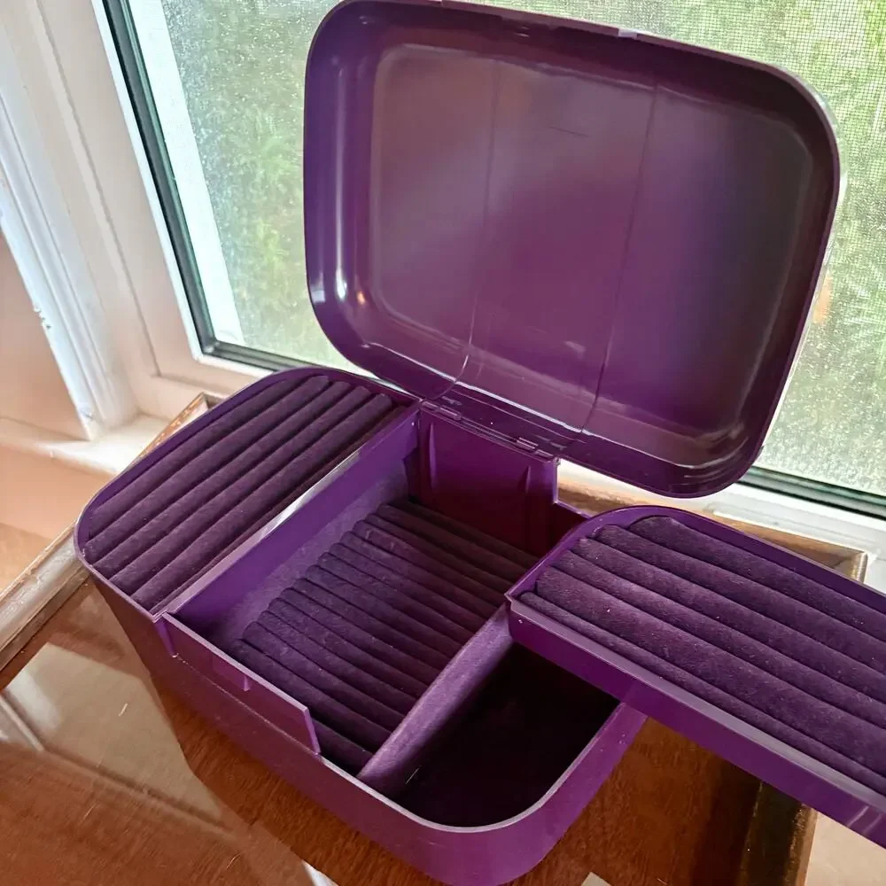 Purple Fold Out Jewelry Box Organizer Velvet Ring Storage Case